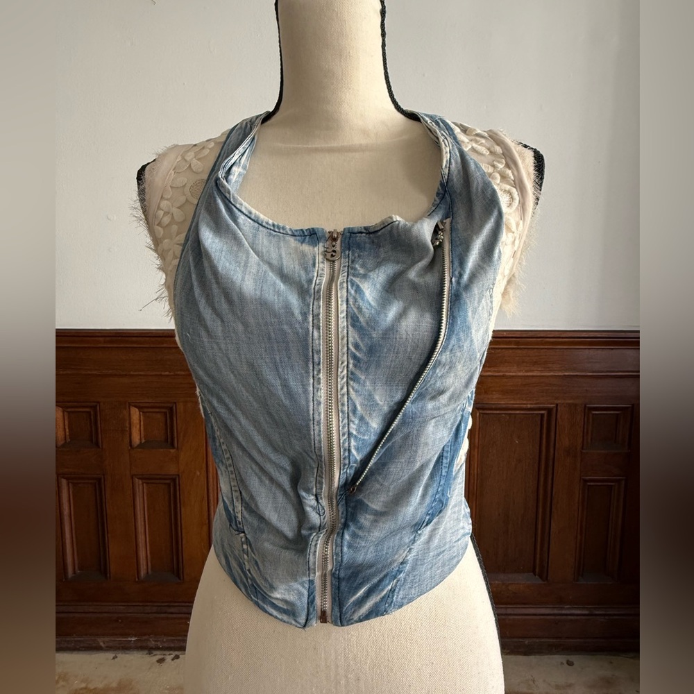 Blue Denim vintage Vest with delicate cream, lace details